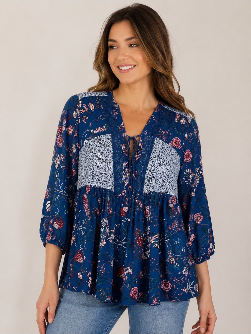 Almost Famous Floral Lace Up Neckline‎ Top